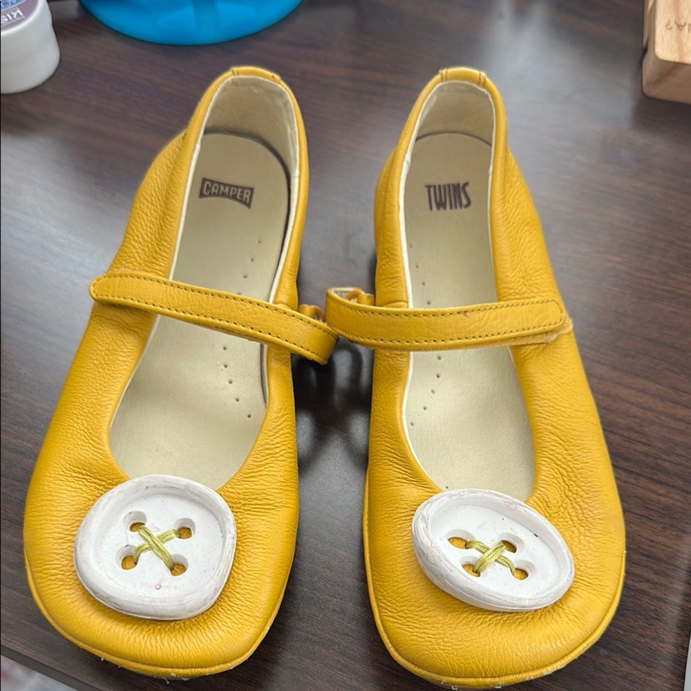 Camper Yellow Leather Mary Janes with Button Detail